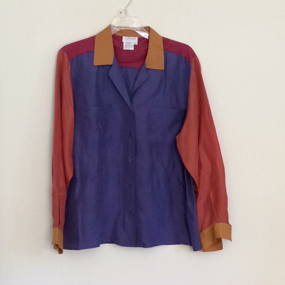 Color Block Long Sleeve Silk Blouse